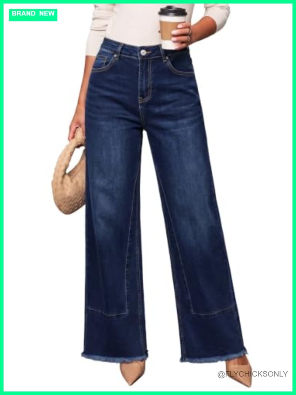 High Waisted Wide Leg Stretchy Denim Jeans Frayed Raw Hem Five Pocket